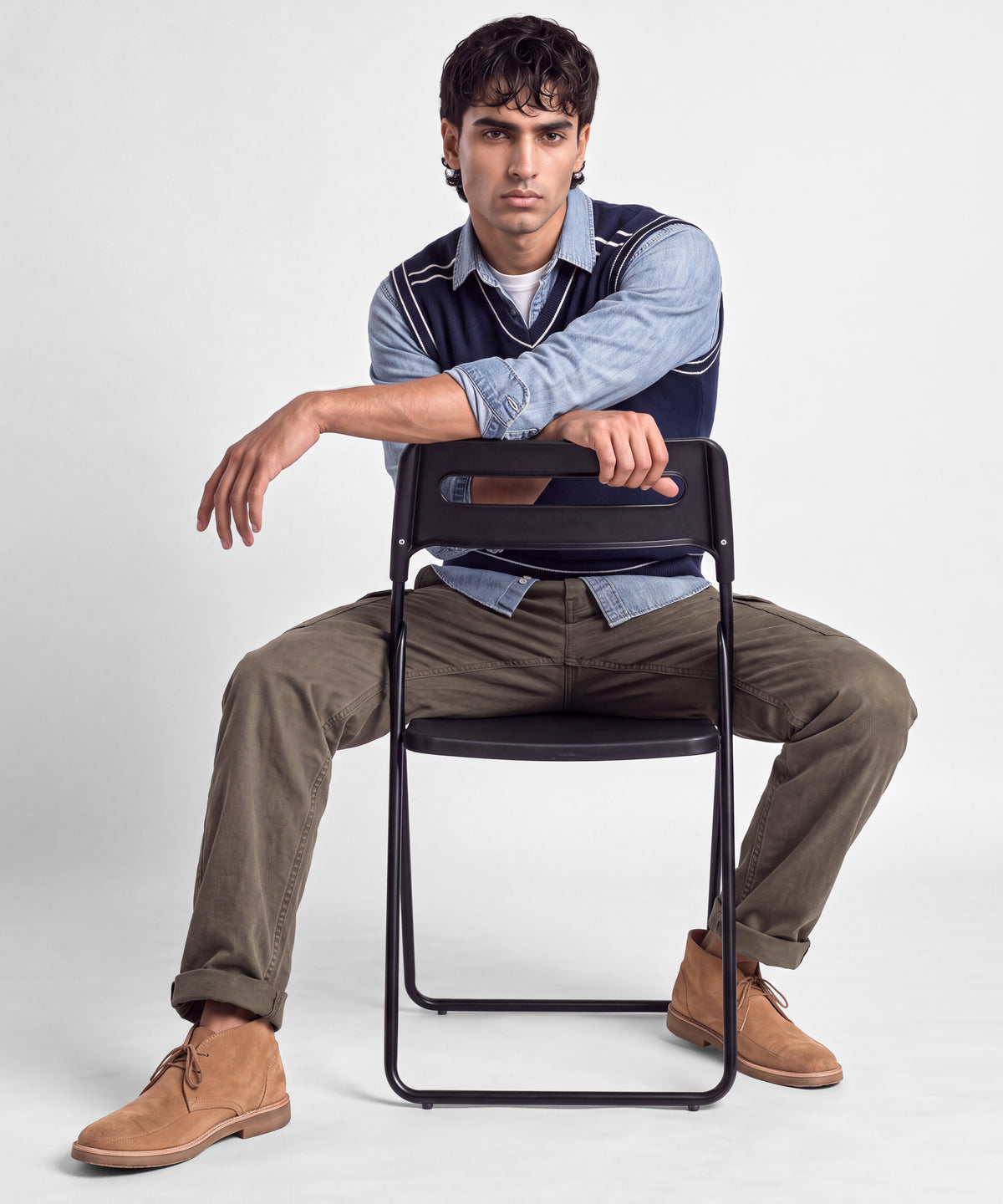 Dark Blue Sleeveless V-Neck Sweater - full body view