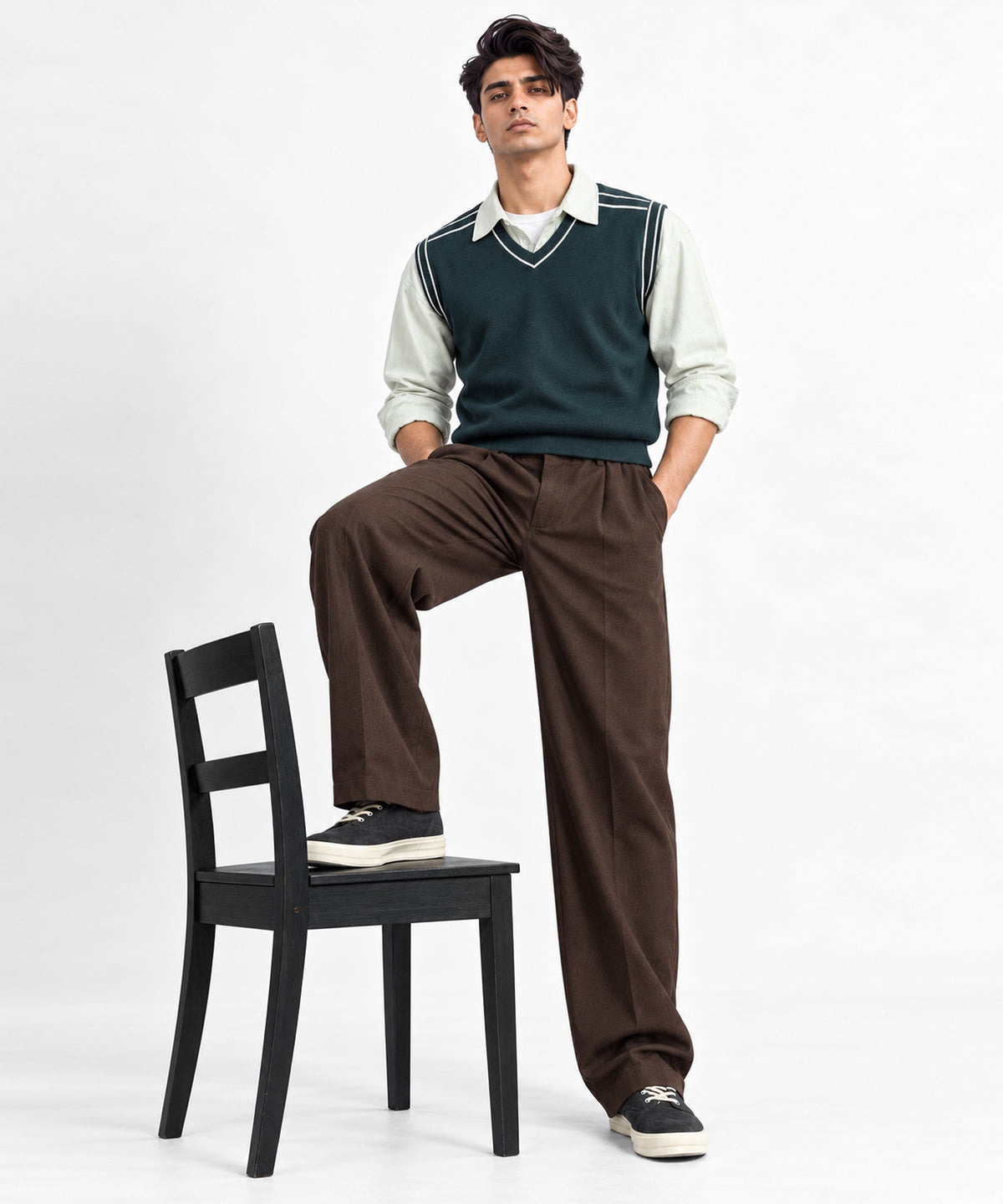 Green Sleeveless V-Neck Sweater - full body view