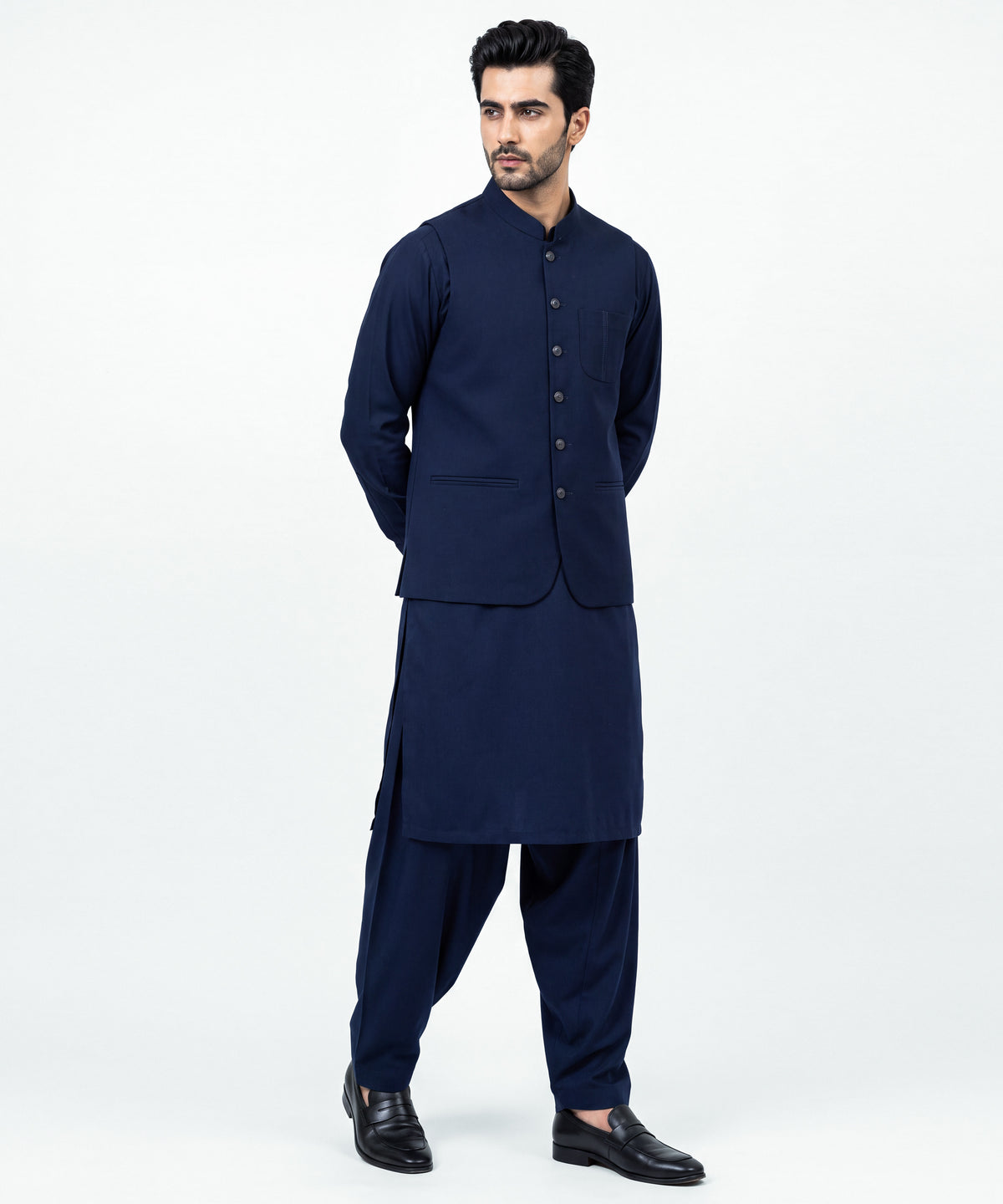 Blue Plain Kameez Shalwar & Waistcoat