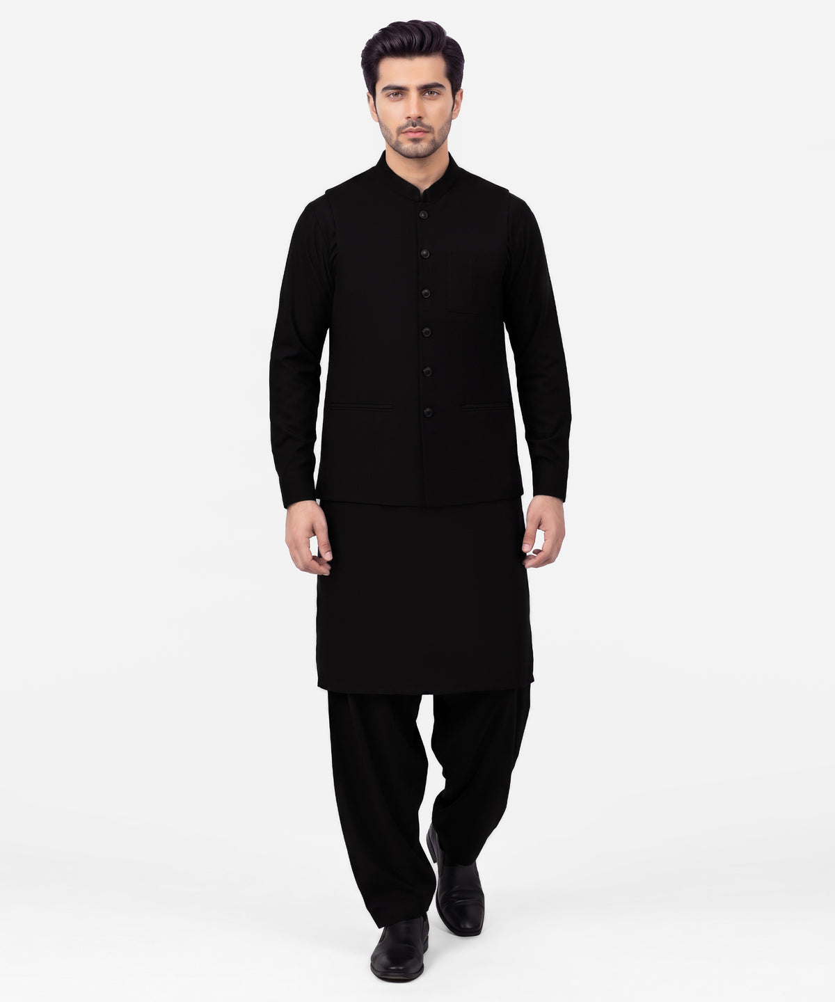 Black Plain Kameez Shalwar & Waistcoat
