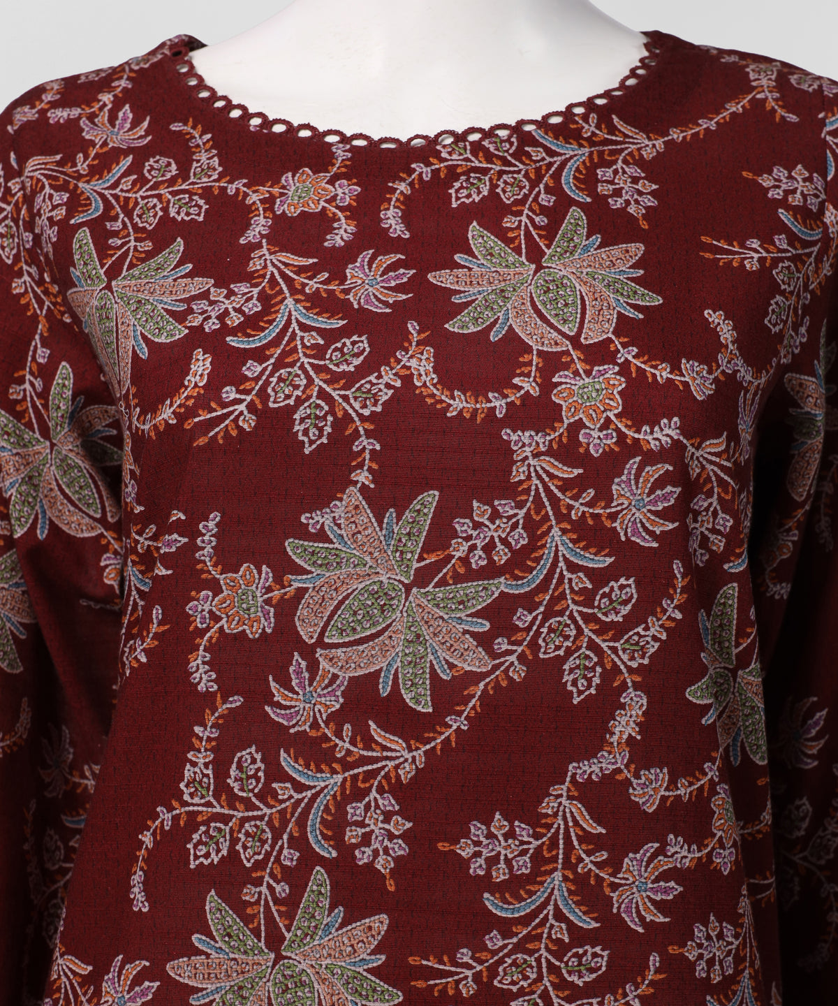 Maroon Printed Khaddar Slub Stitched 3Pc