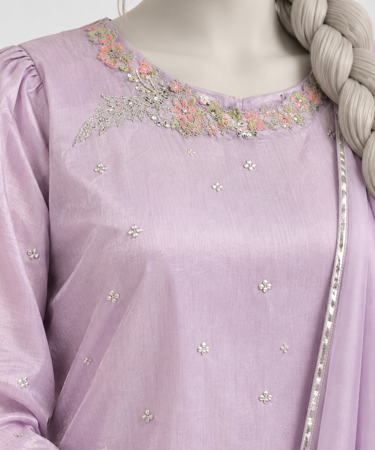 Lilac Embroidered Raw Silk Stitched 3Pc