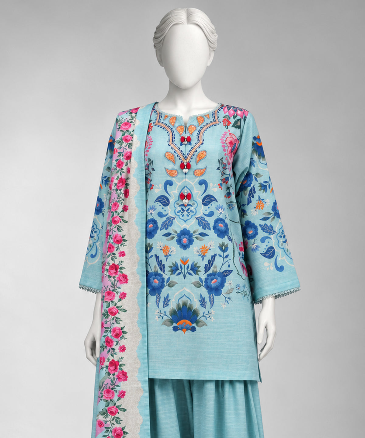 Light Blue Printed Khaddar Slub Stitched 3Pc