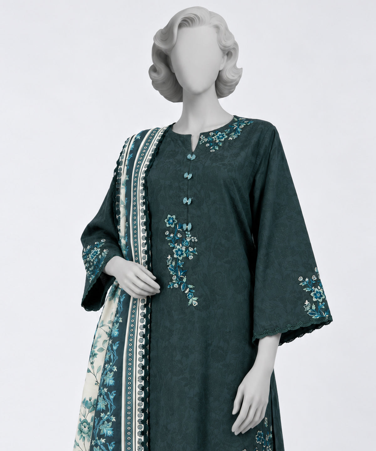 Green Embroidered Jacquard Stitched 3Pc
