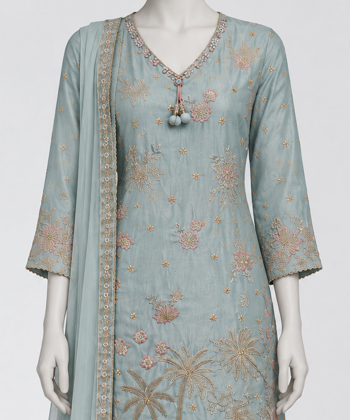 Blue Raw Silk Embroidered Stitched 3Pc