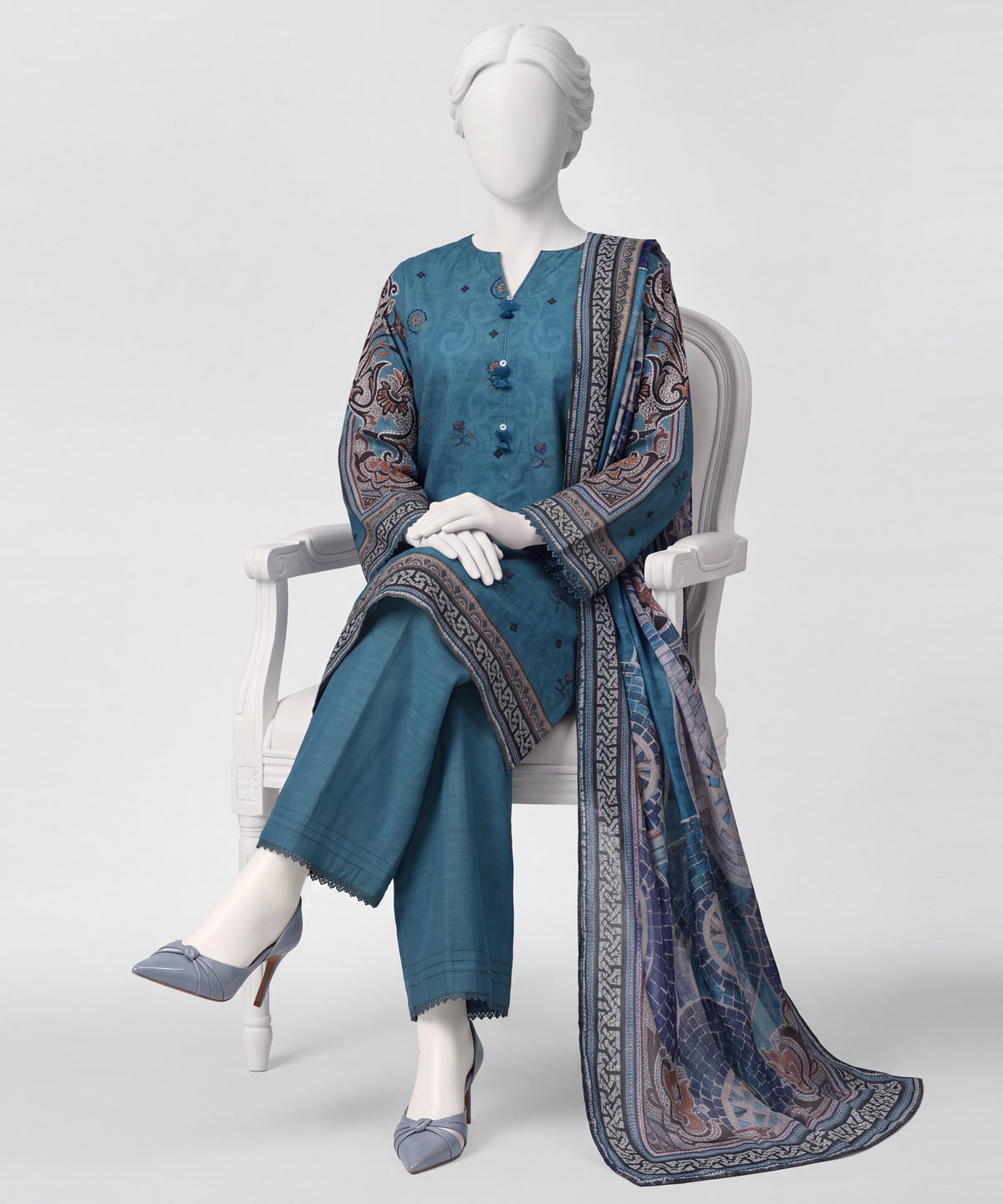 Blue Printed Khaddar Slub Stitched 3Pc