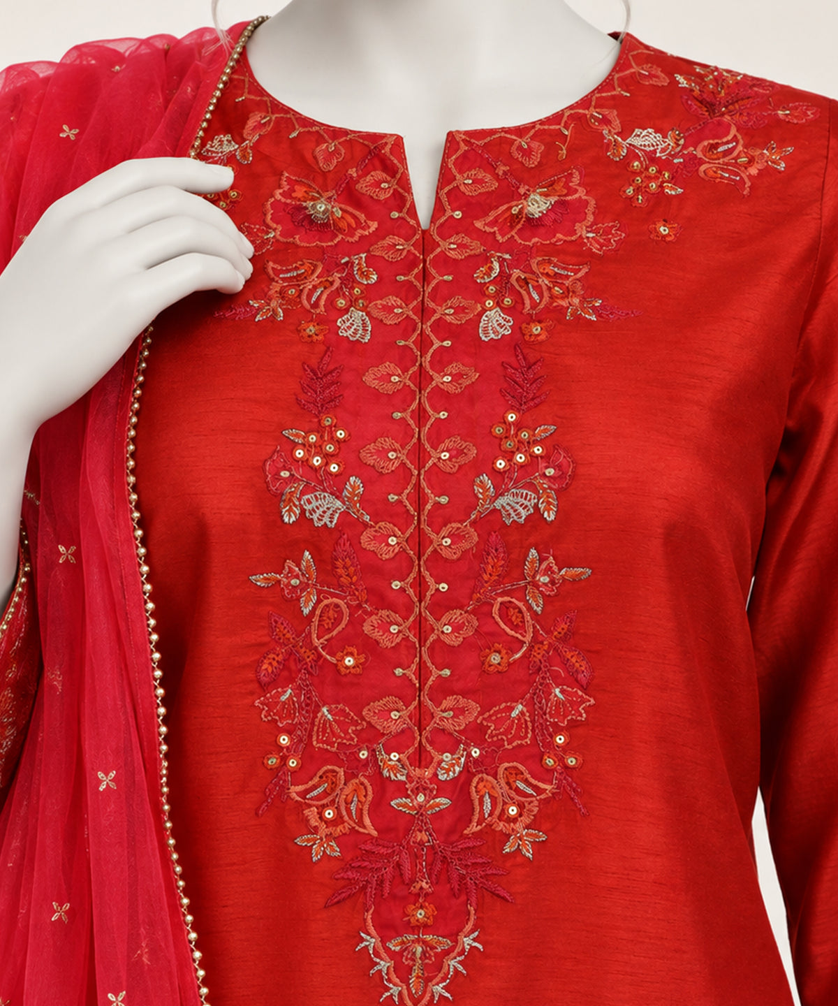 Red Embroidered Dobby Stitched 3Pc