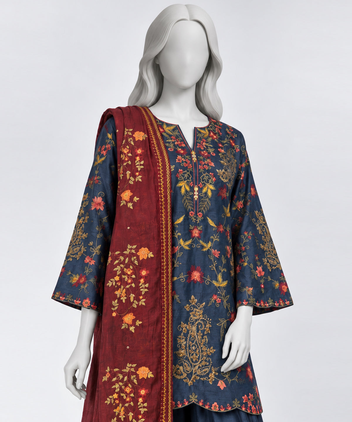 Blue Embroidered Raw Silk Stitched 3Pc