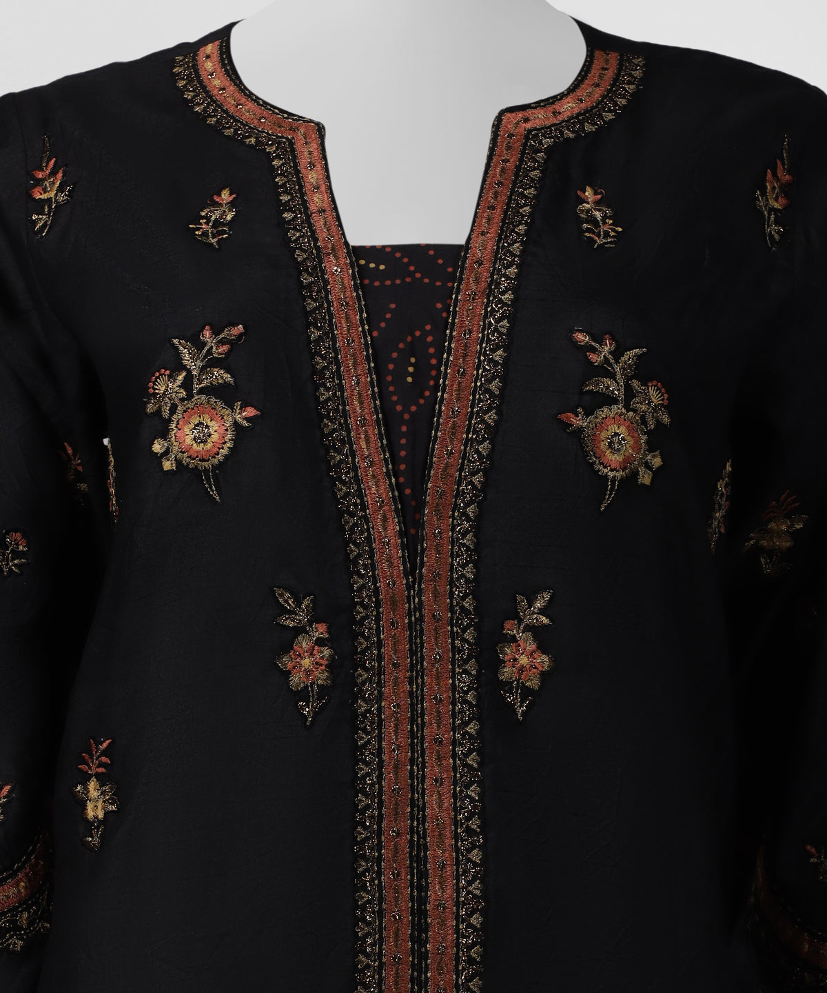 Black Embroidered Raw Silk Stitched 3Pc