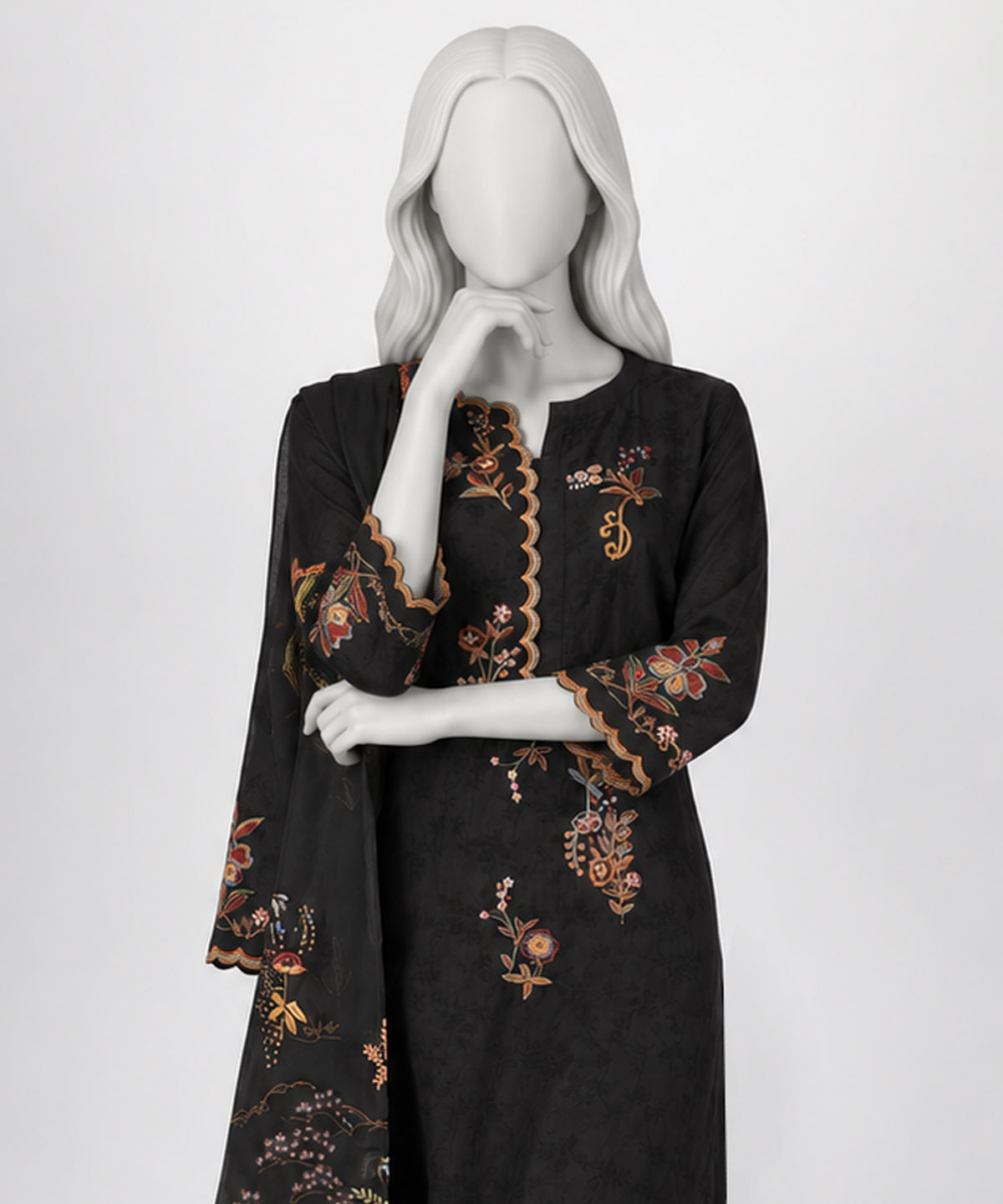 Black Embroidered Waffle Jacquard Stitched 3Pc