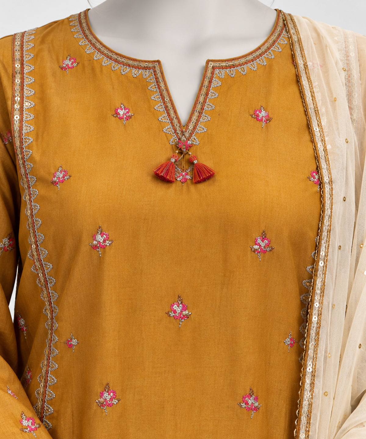 Yellow Embroidered Raw Silk Stitched 3Pc