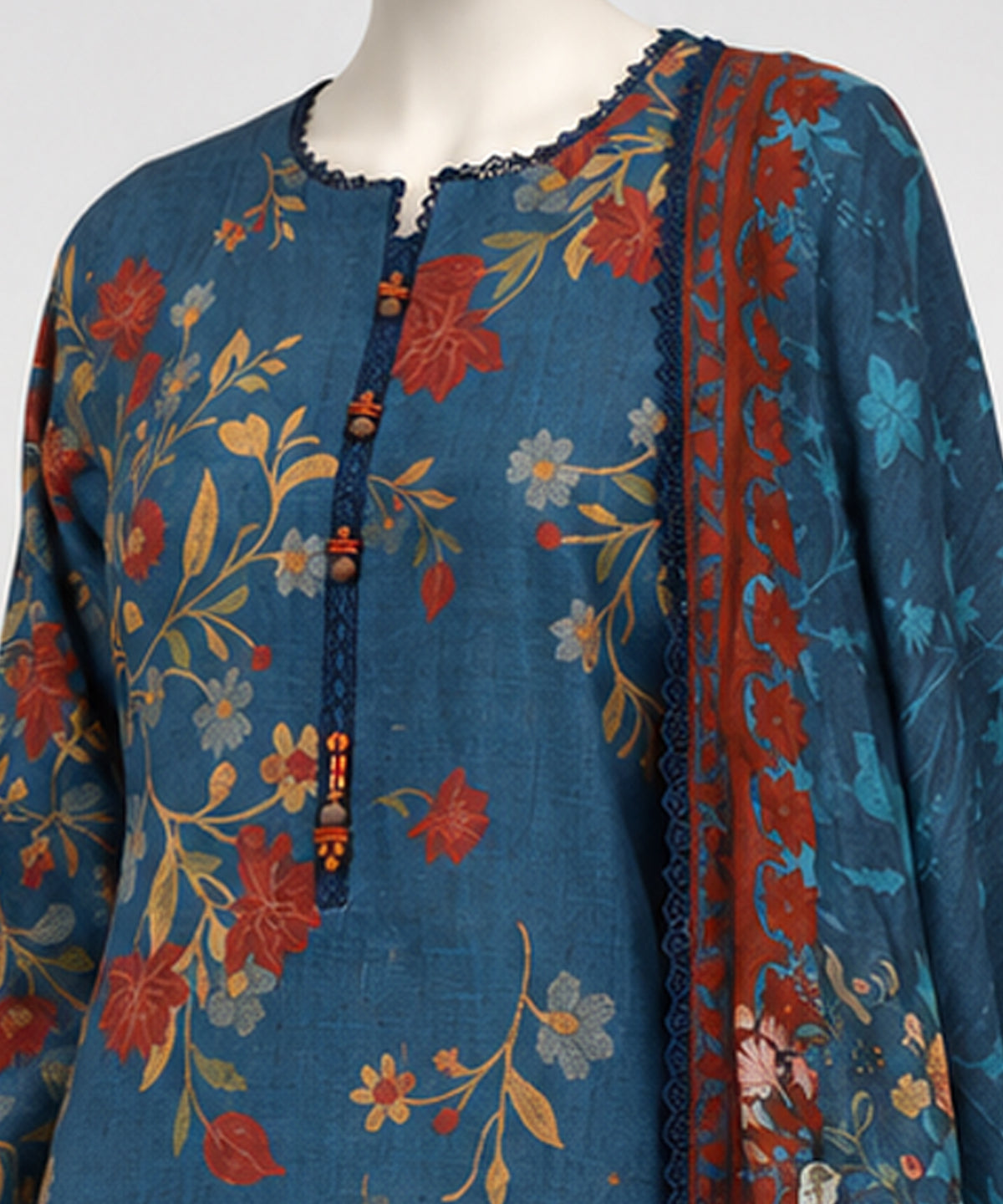 Blue Printed Cambric Stitched 3Pc