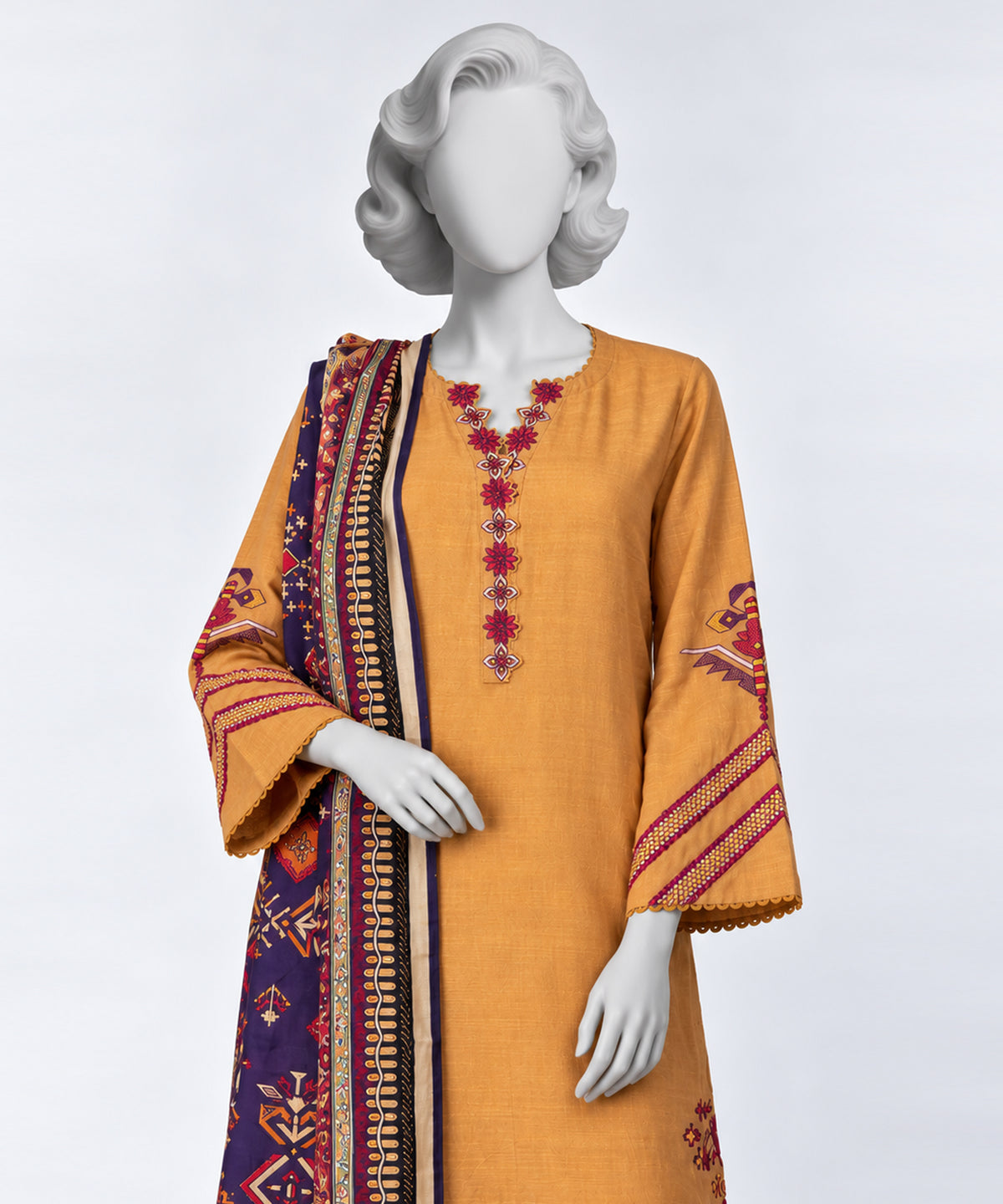Mustard Embroidered Khaddar Slub Stitched 3Pc