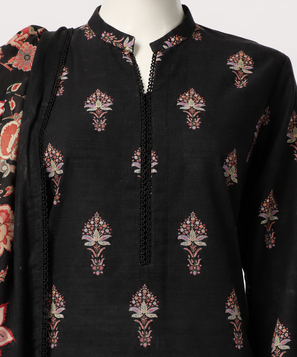 Black Printed Cambric Stitched 3Pc