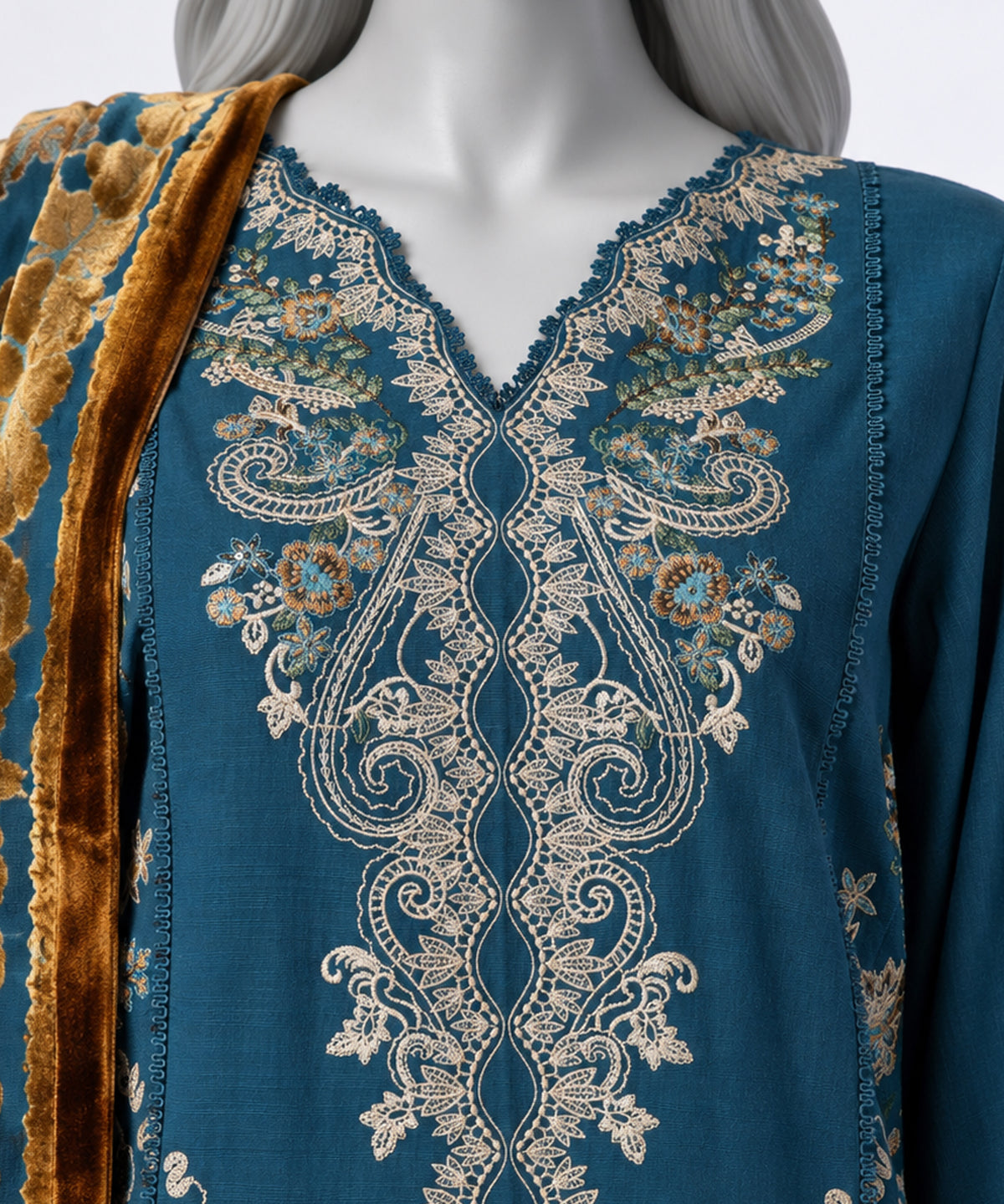 Teal Embroidered Khaddar Slub Stitched 3Pc