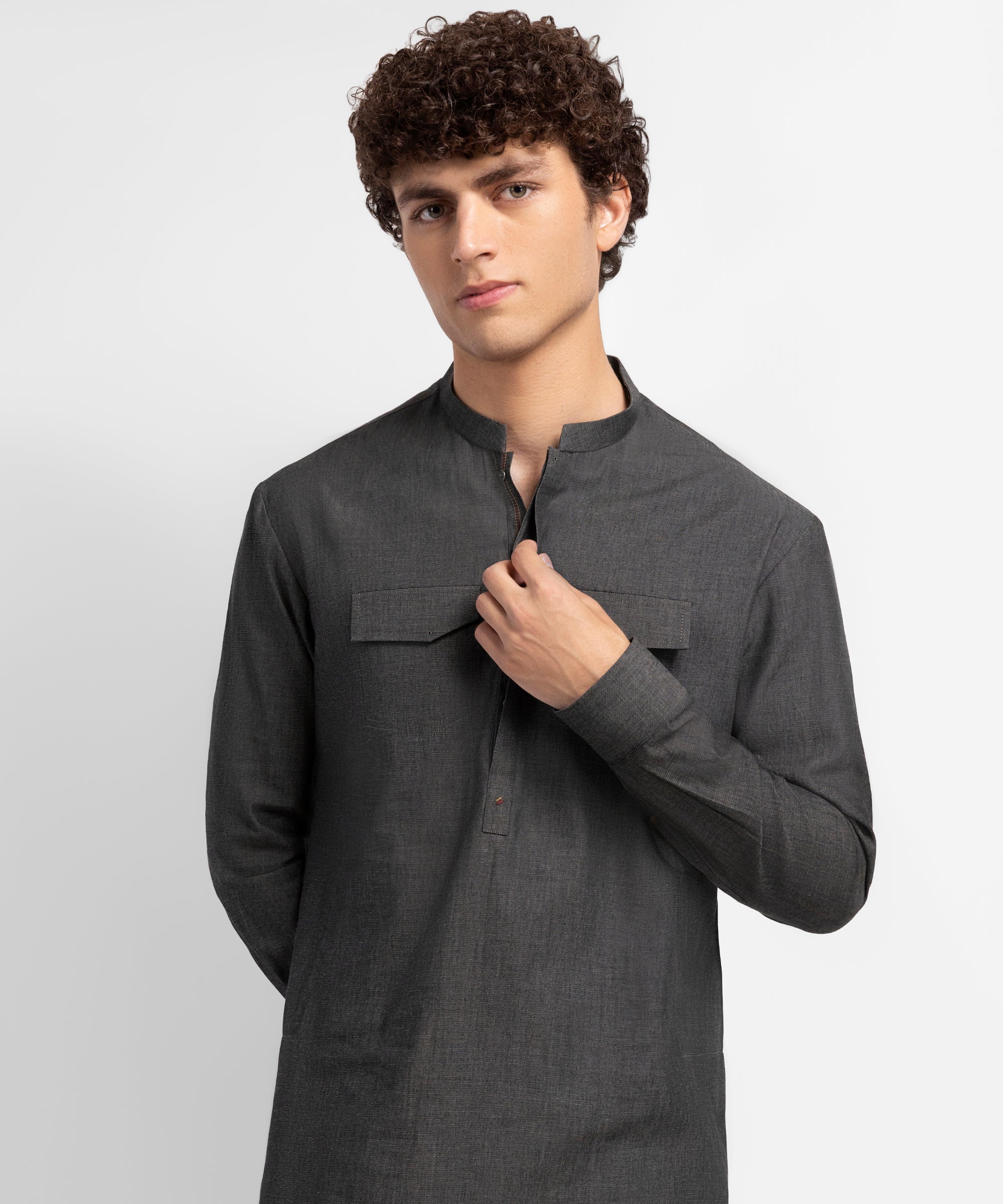 Dark Grey Cotton Casual Short Kurta