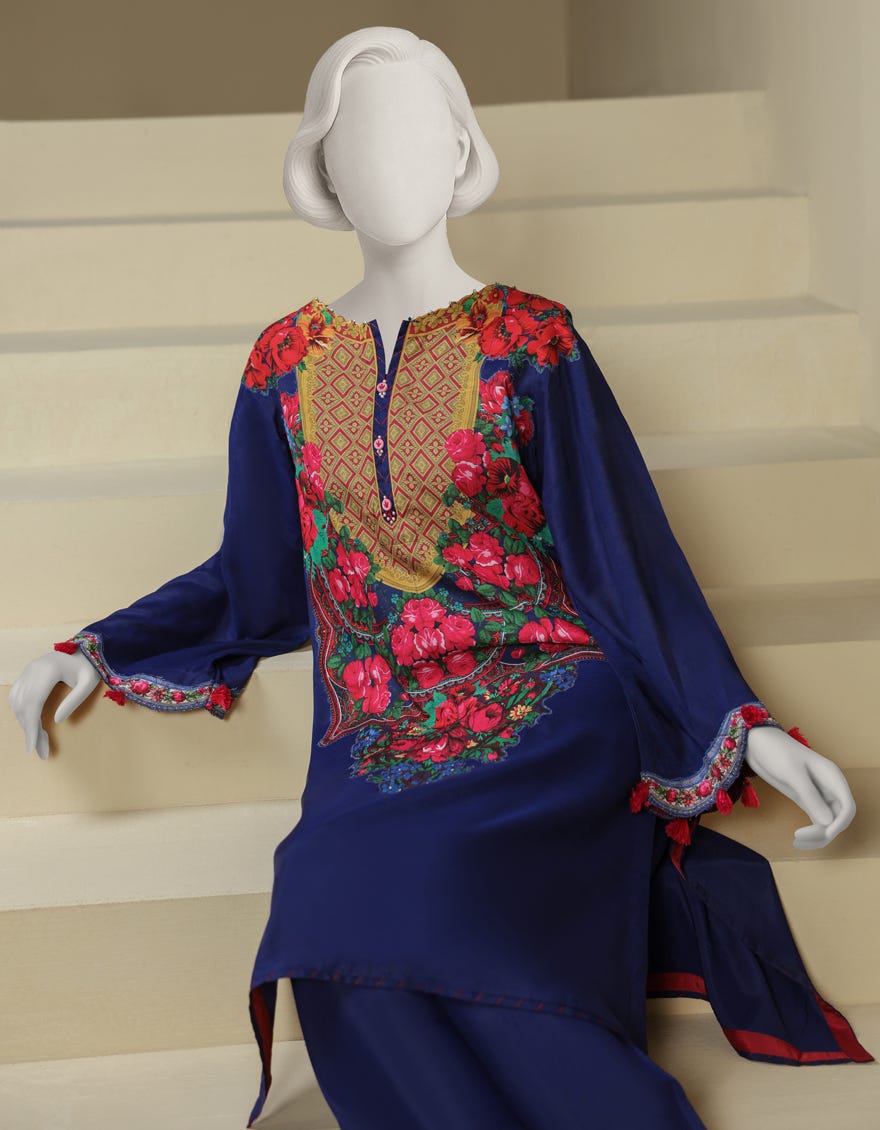 BLUE RAW SILK DIGITAL PRINTED CO-ORD SET