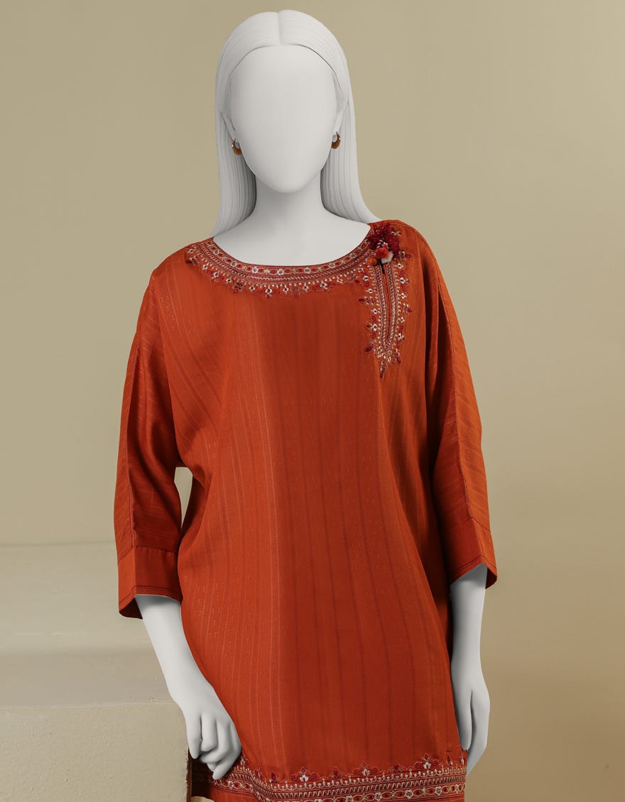 RUST DYED DOBBY EMBROIDERED CO-ORD SET
