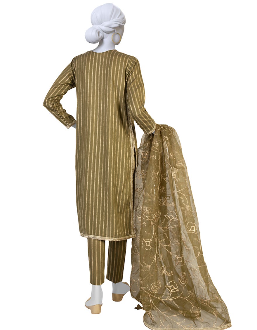 OLIVE GREEN LAWN UNSTITCHED 3PC | JLAWN-S-23-277