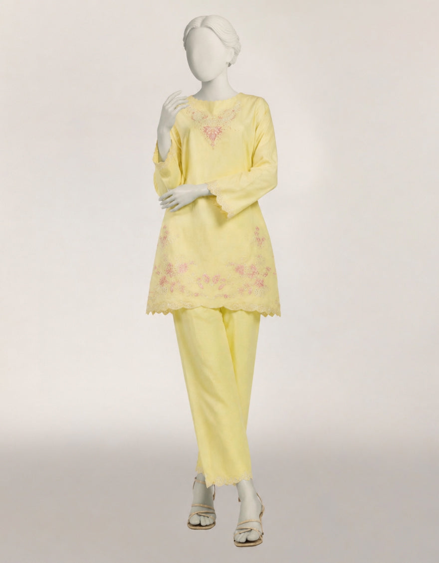YELLOW LAWN SCHIFFLI CO-ORD SET