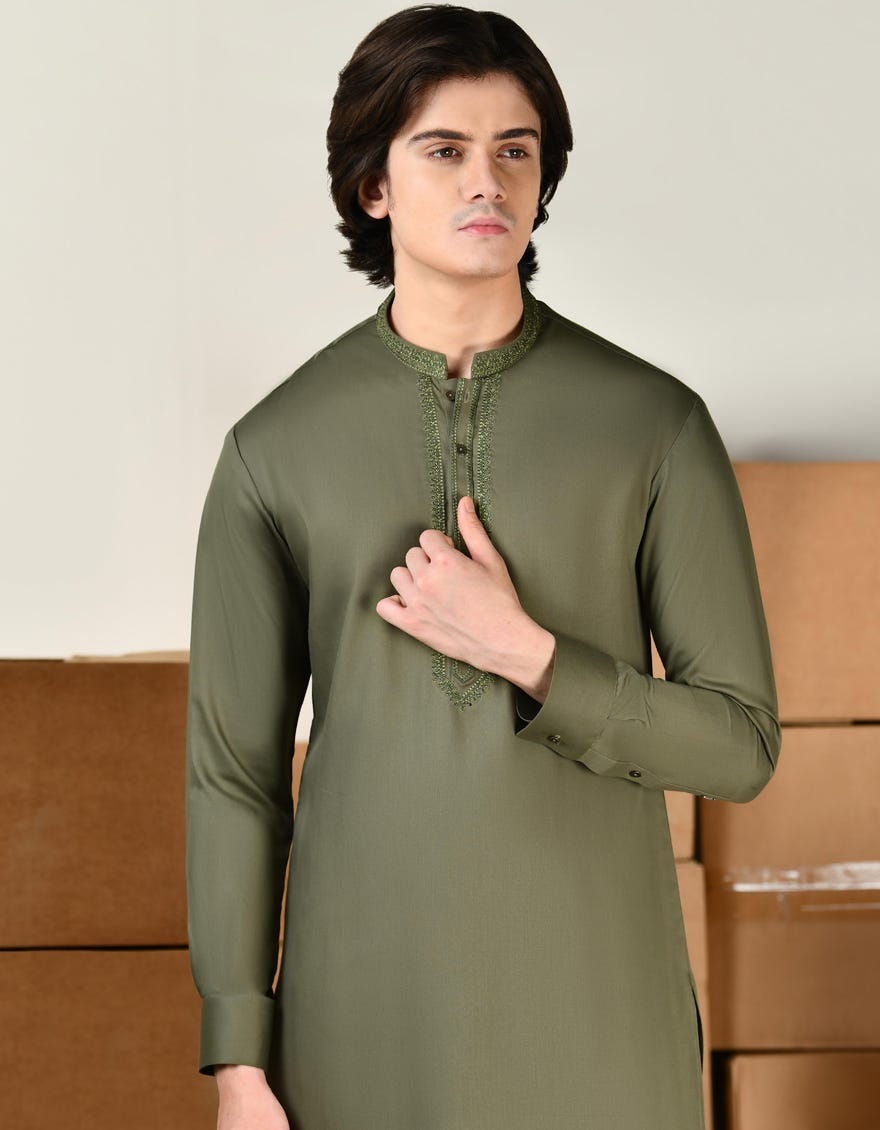 MEHNDI GREEN BLENDED KAMEEZ SHALWAR | JTKS-A-46409