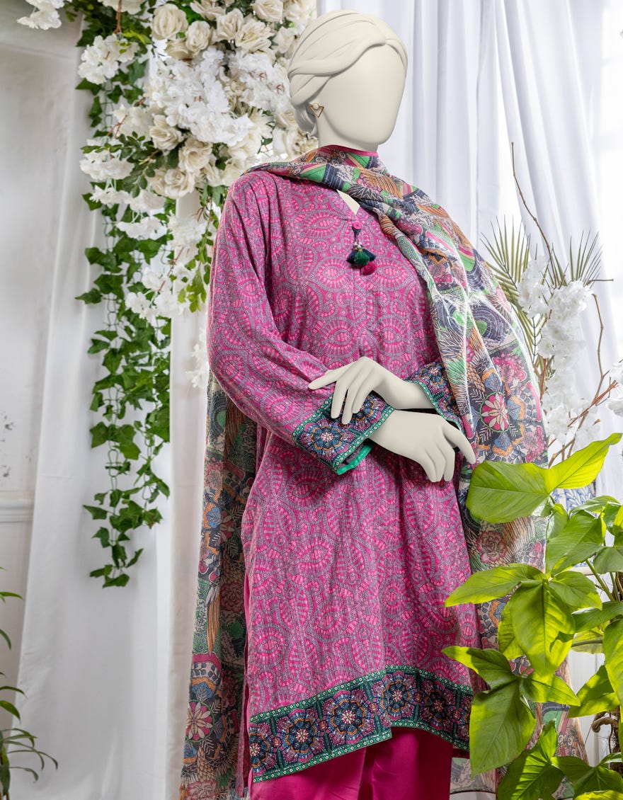 PINK DOBBY PRINTED UNSTITCHED 3PC | JJLS-S-JPW-24-028