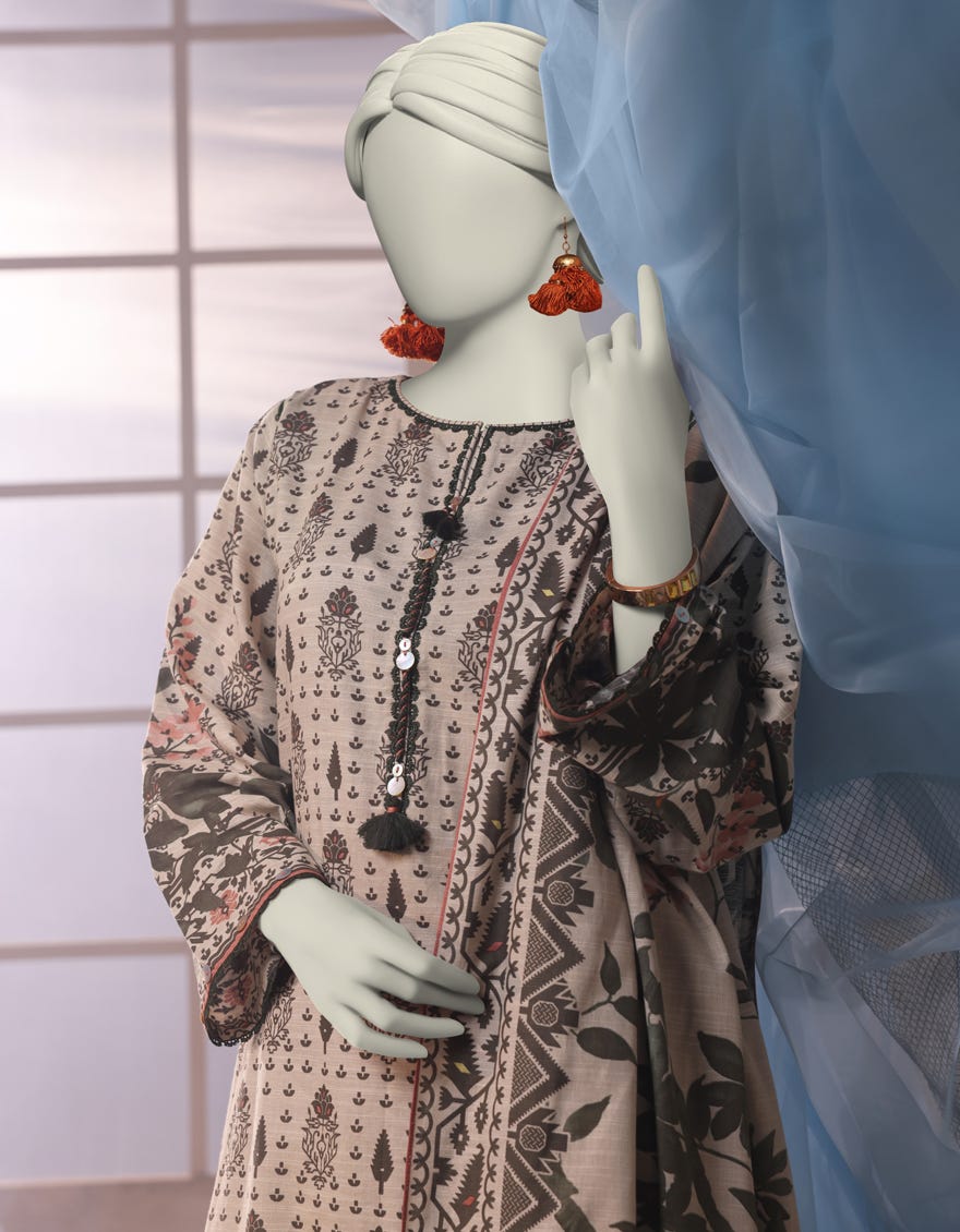 OFF WHITE KHADDAR PRINTED UNSTITCHED 3PC