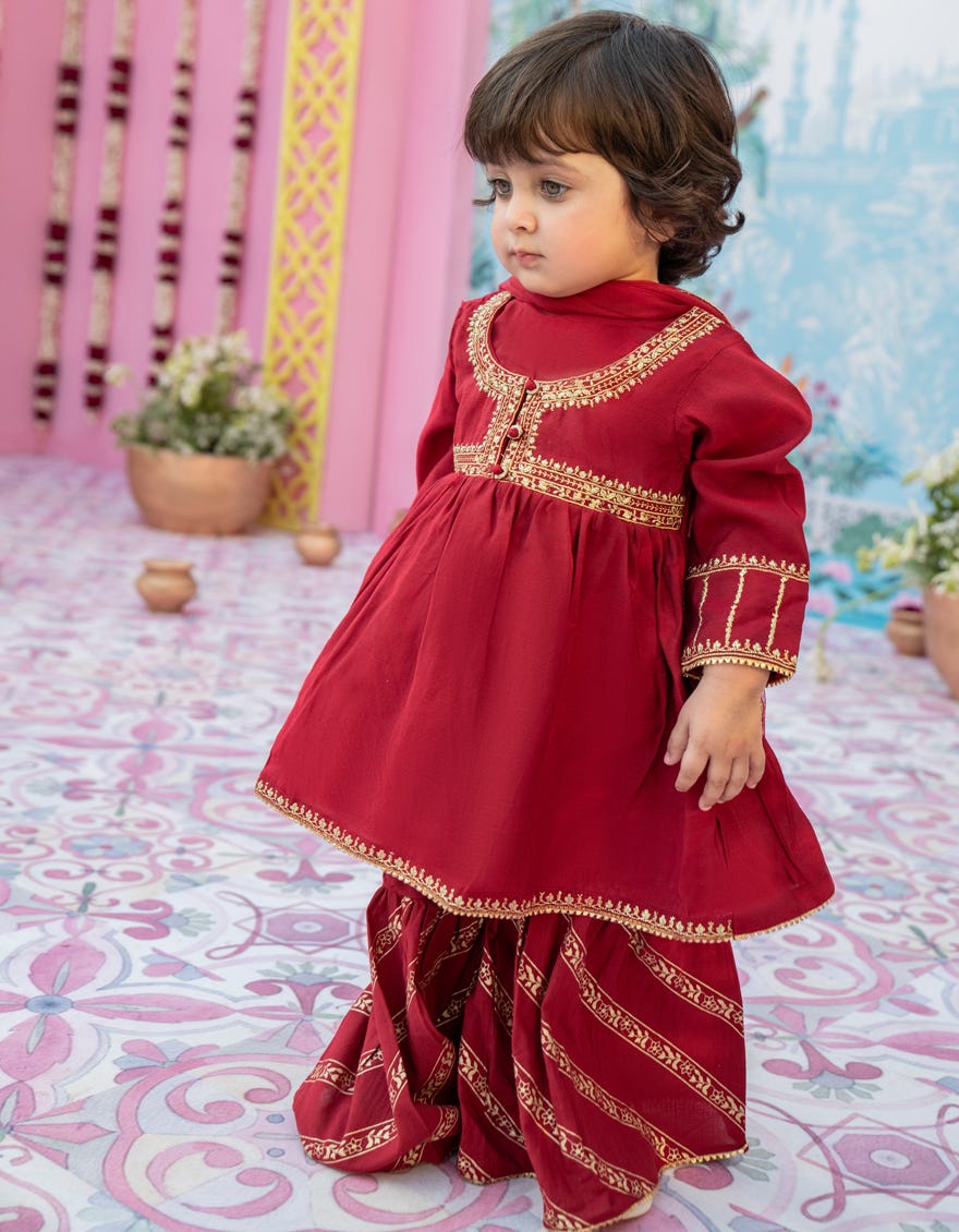 RED COTTON NET STITCHED 3PC | JGK-S-24-1914
