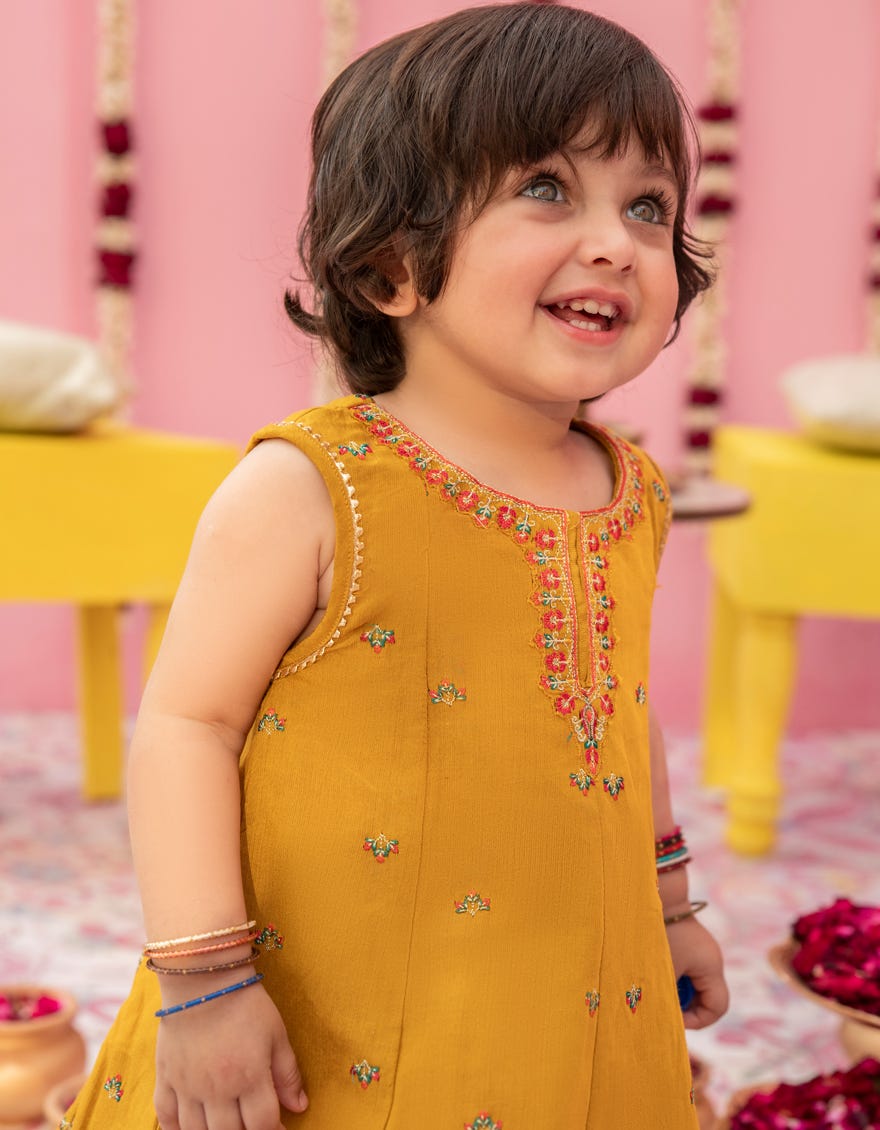 YELLOW COTTON NET STITCHED 3PC | JGK-S-24-1919