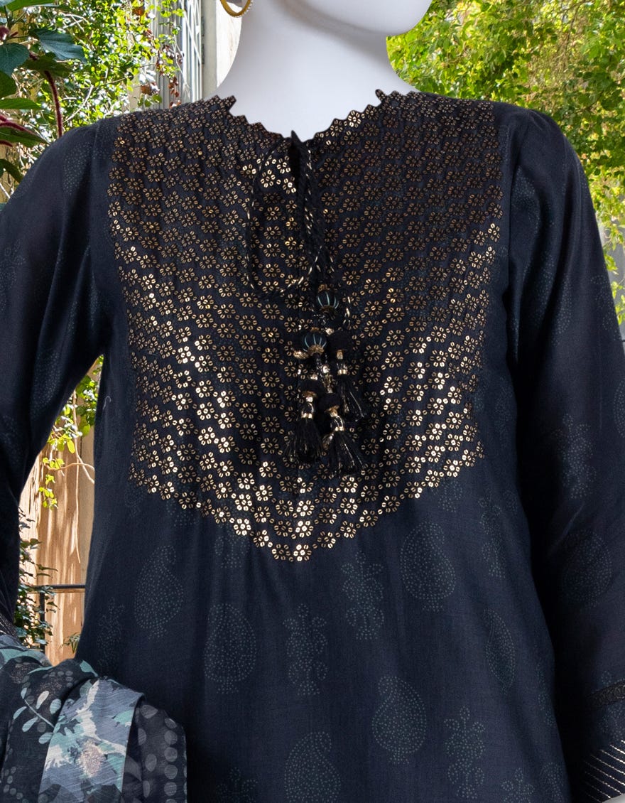 BLACK LAWN UNSTITCHED 3PC | JLAWN-S-24-309