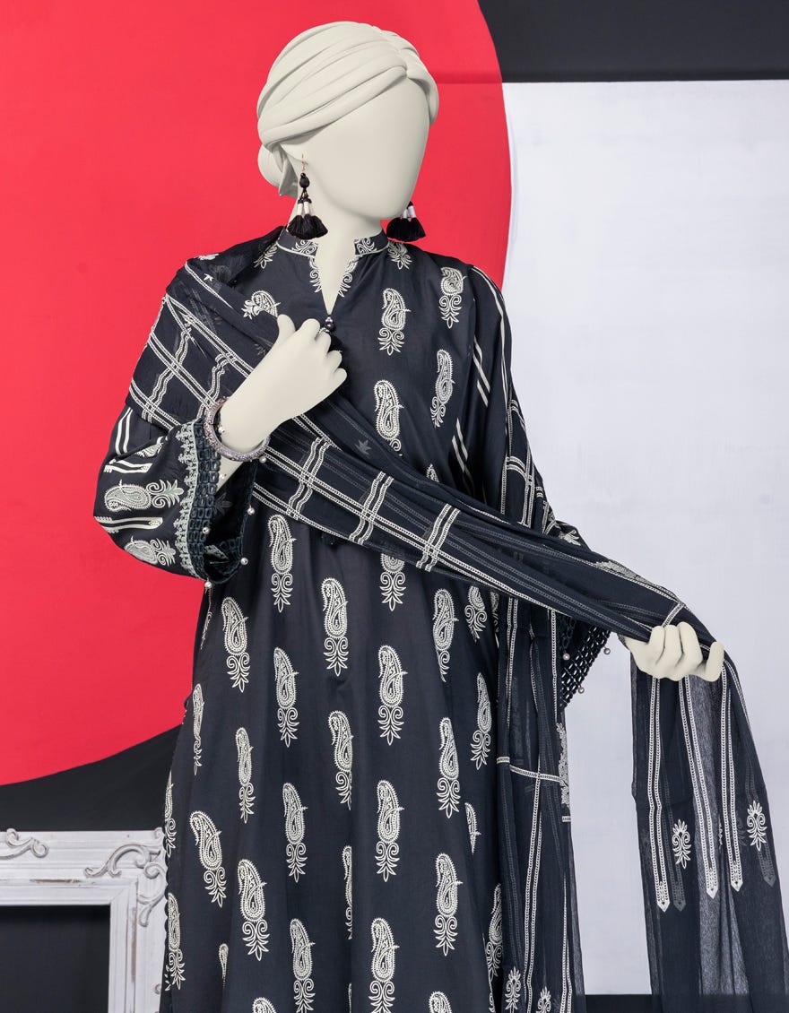 BLACK LAWN UNSTITCHED 3PC | JLAWN-S-24-589