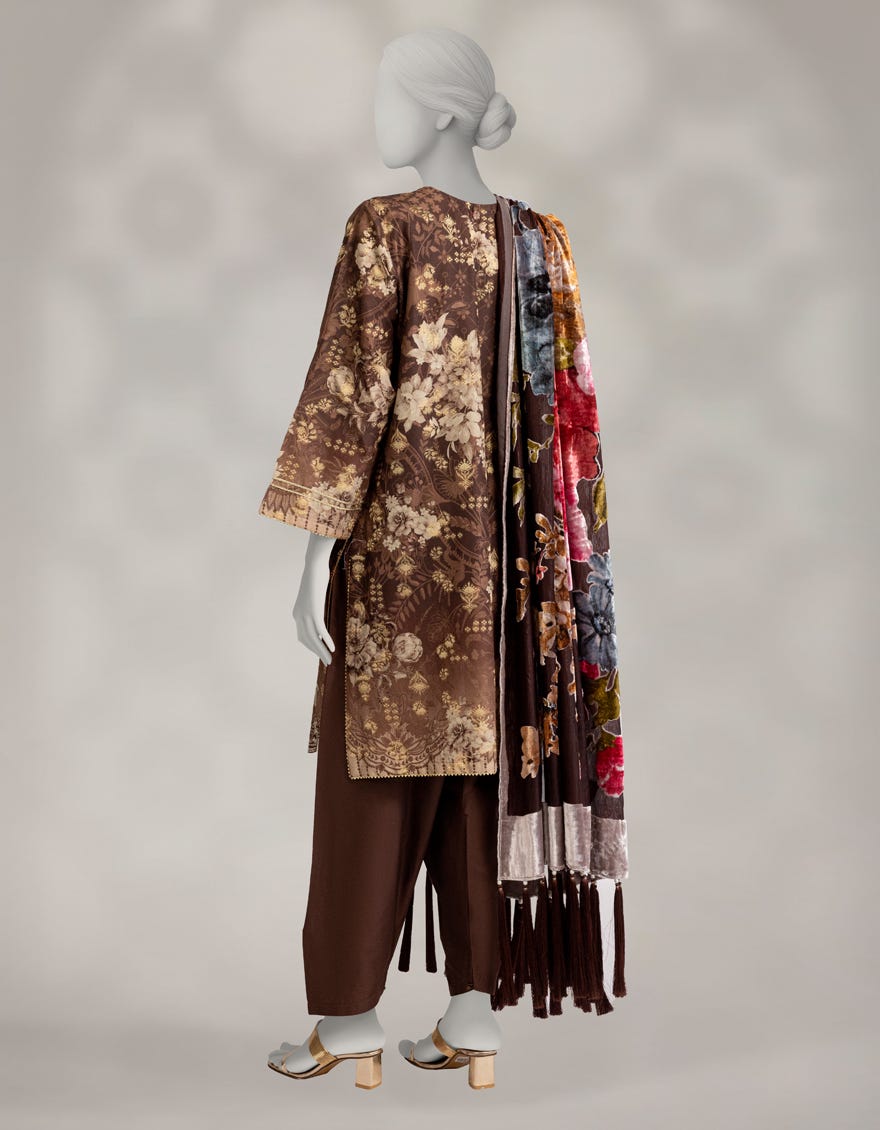 BROWN JACQUARD EMBROIDERED 3PC STITCHED