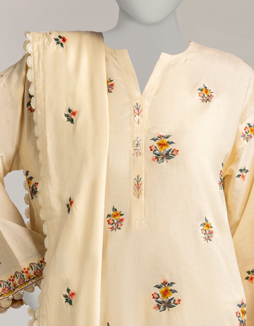 YELLOW CAMBRIC EMBROIDERED 3PC STITCHED