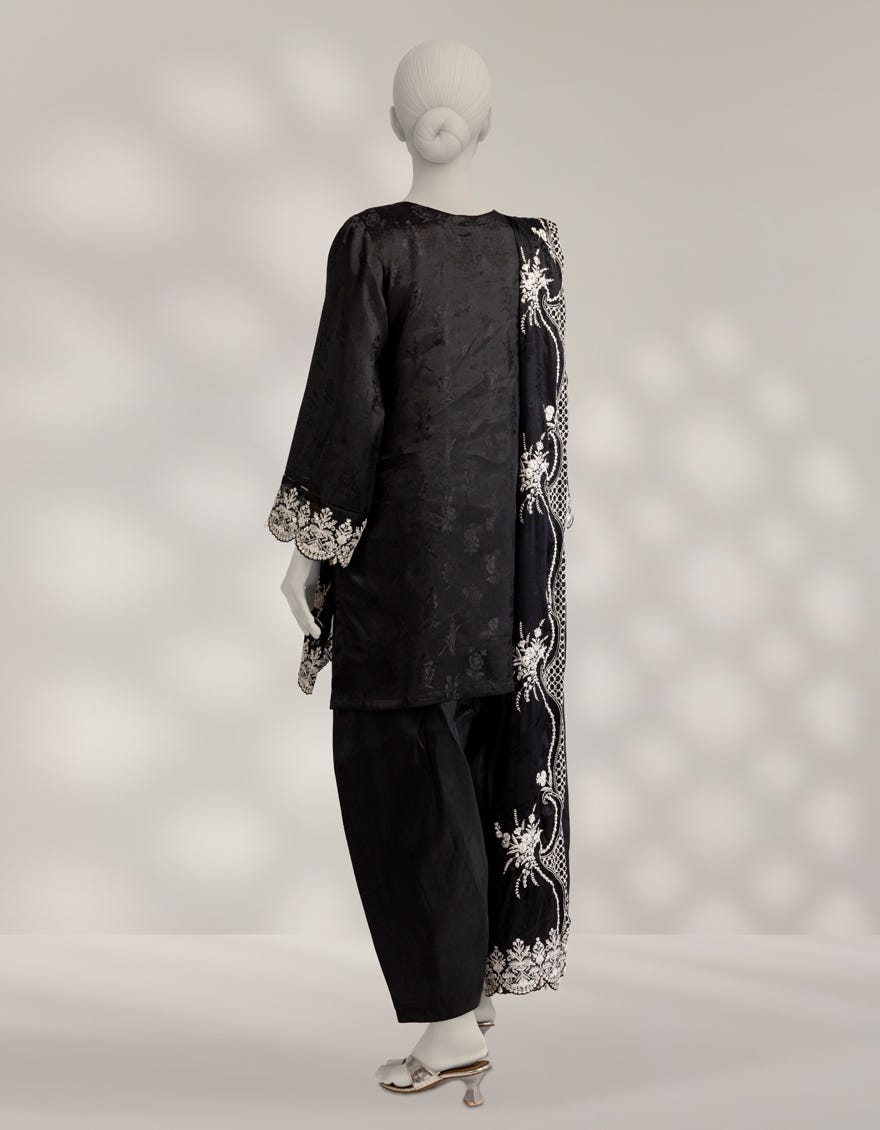 BLACK RAW SILK EMBROIDERED 3PC STITCHED