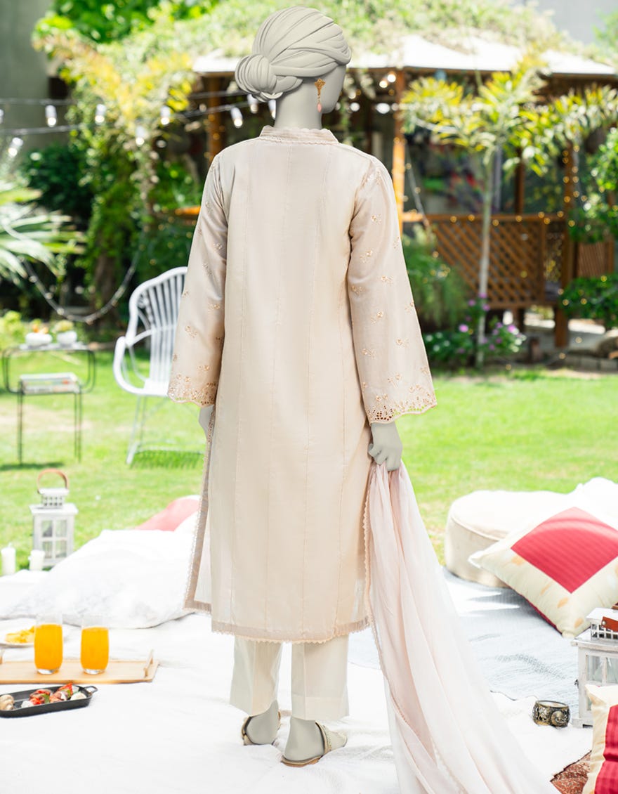 BEIGE DYED SCHIFFLI 2PC STITCHED