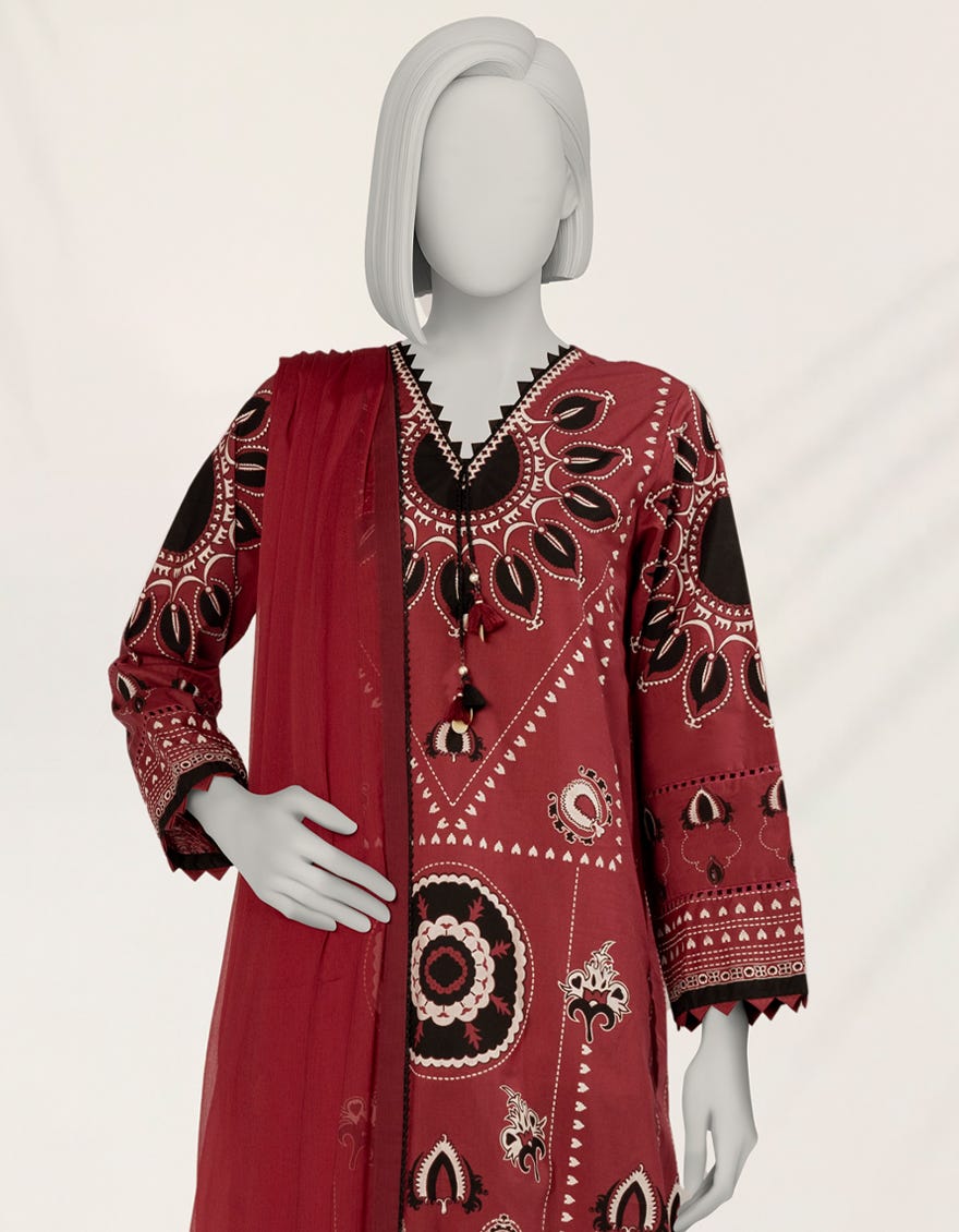 RED EMBOSSED LAWN 2PC STITCHED