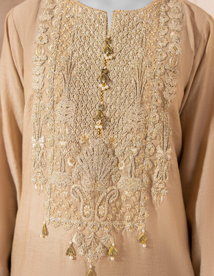 BEIGE COTTON NET EMBROIDERED KURTA