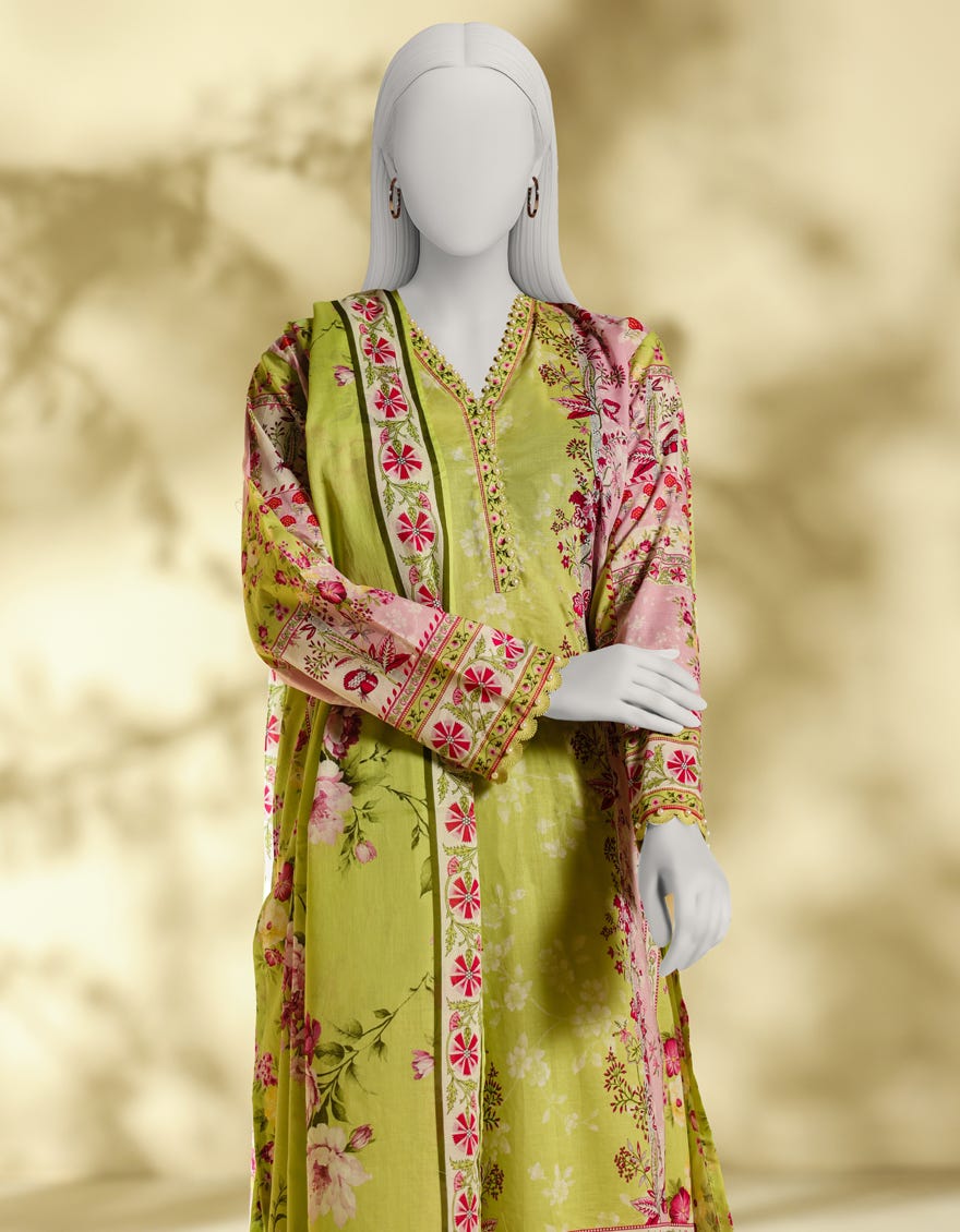 LIME GREEN LAWN PRINTED 3PC STITCHED
