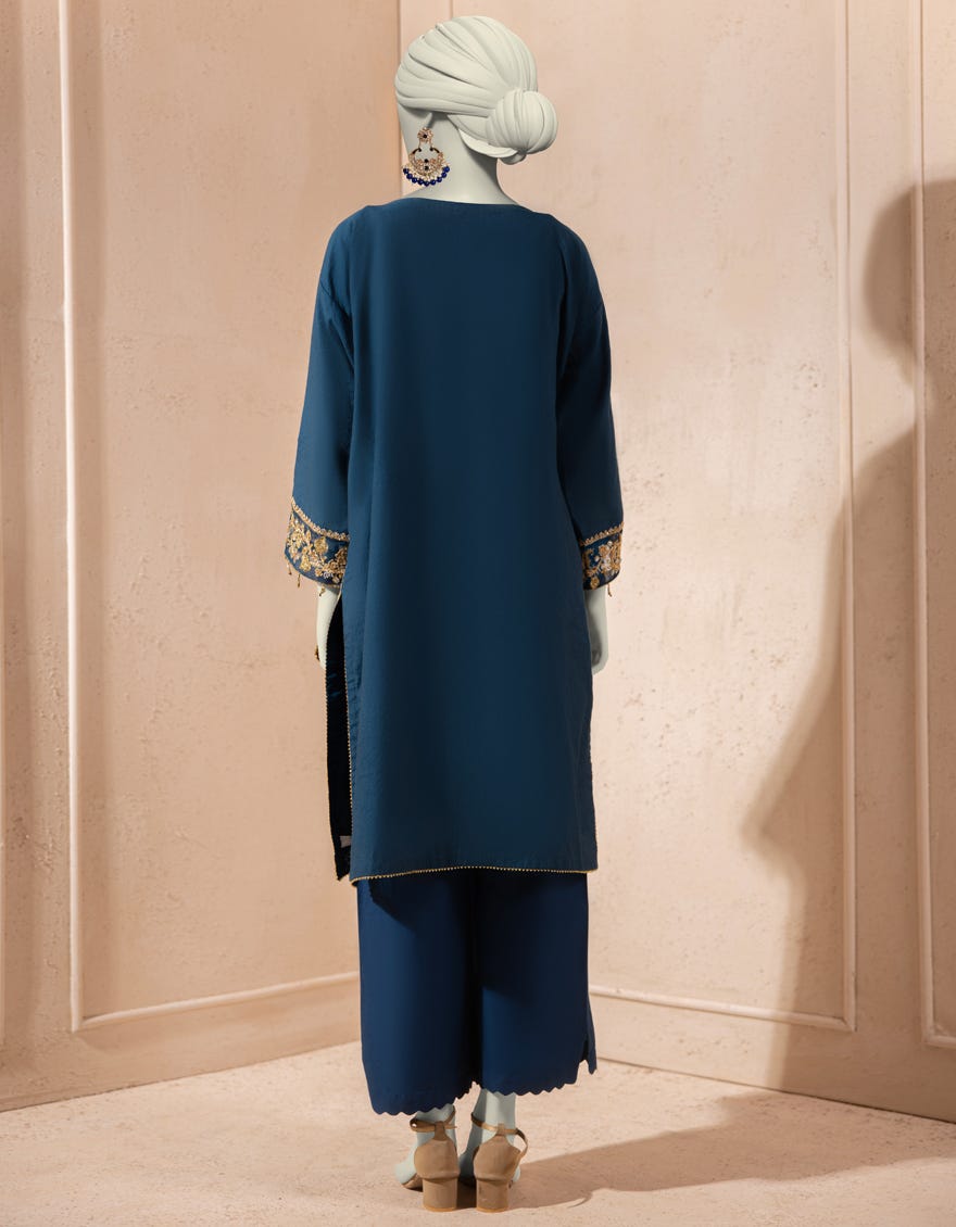 BLUE COTTON NET EMBROIDERED KURTA