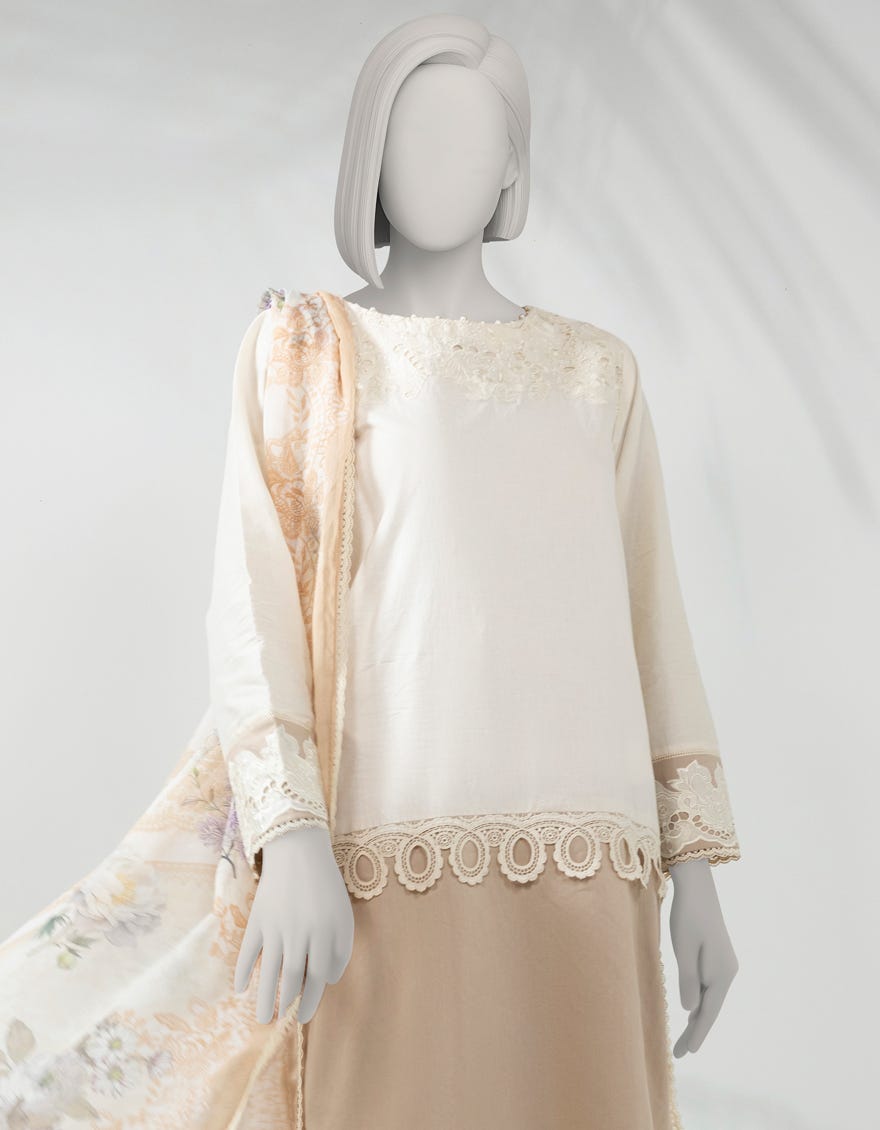 BEIGE LAWN SCHIFFLI 3PC STITCHED