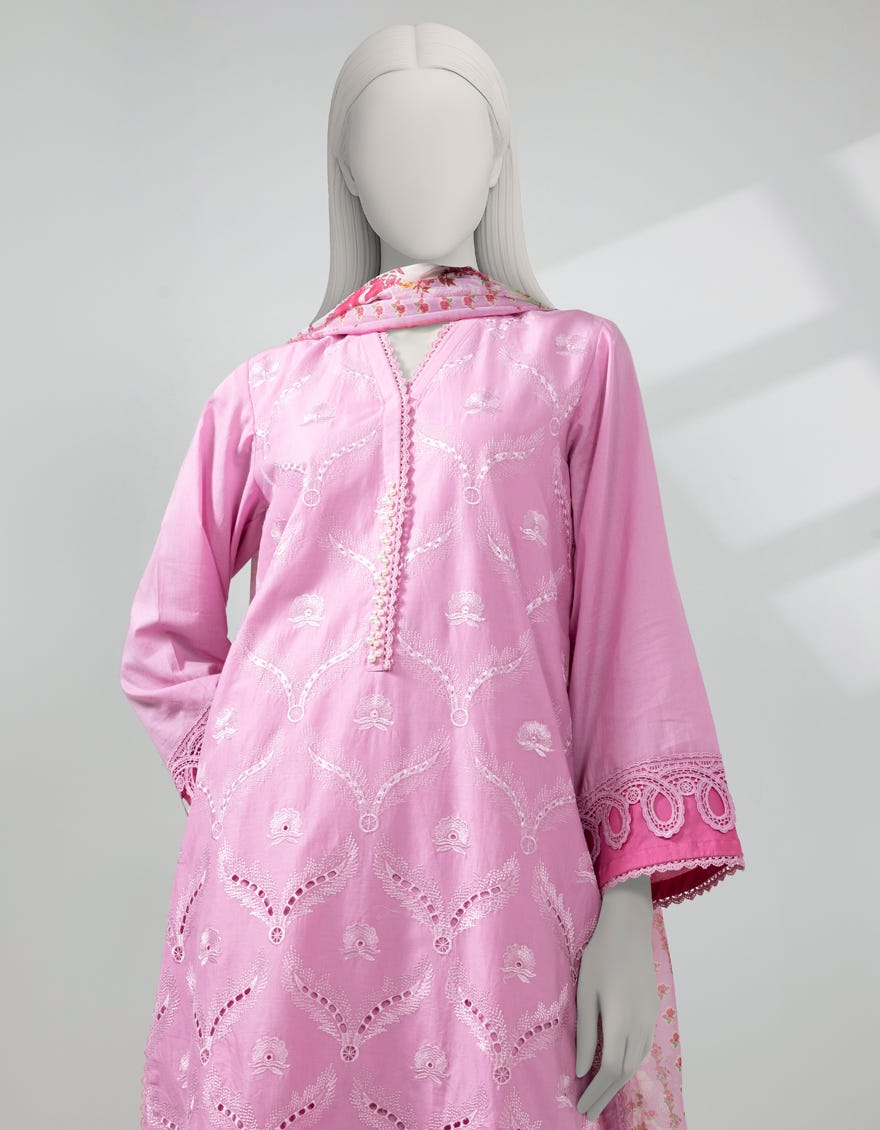 PINK LAWN SCHIFFLI 3PC STITCHED