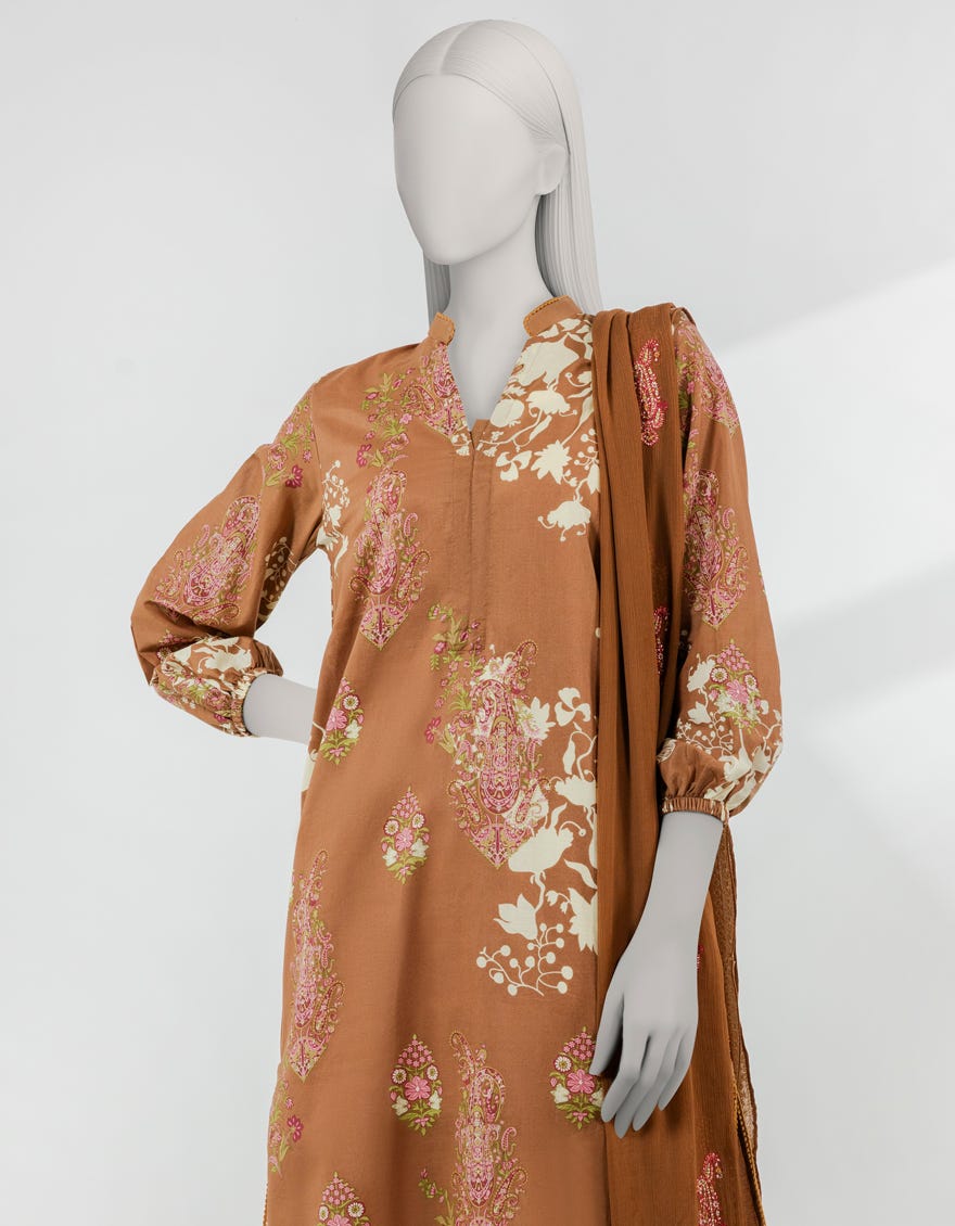 BROWN LAWN EMBROIDERED 3PC STITCHED
