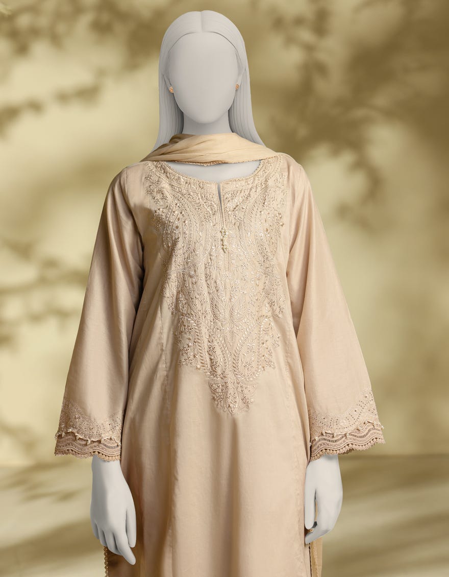 BEIGE LAWN SCHIFFLI 3PC STITCHED