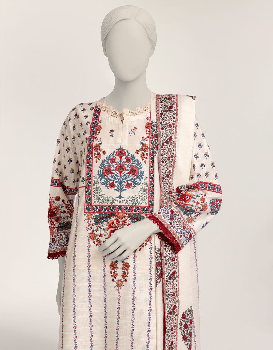 OFF WHITE KHADDAR PRINTED 3PC STITCHED