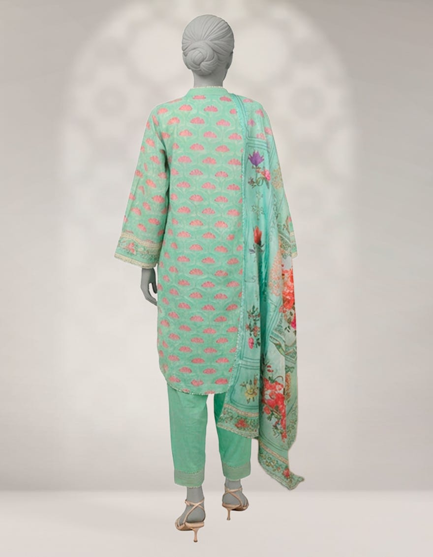 GREEN CAMBRIC DIGITAL PRINTED 3PC STITCHED