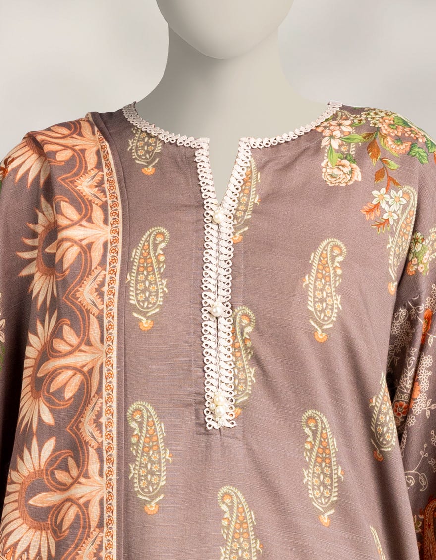 BROWN KHADDAR SCHIFFLI 3PC STITCHED