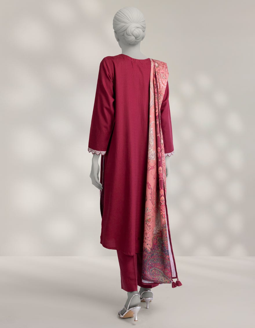 MAROON PASHMINA EMBROIDERED 3PC STITCHED