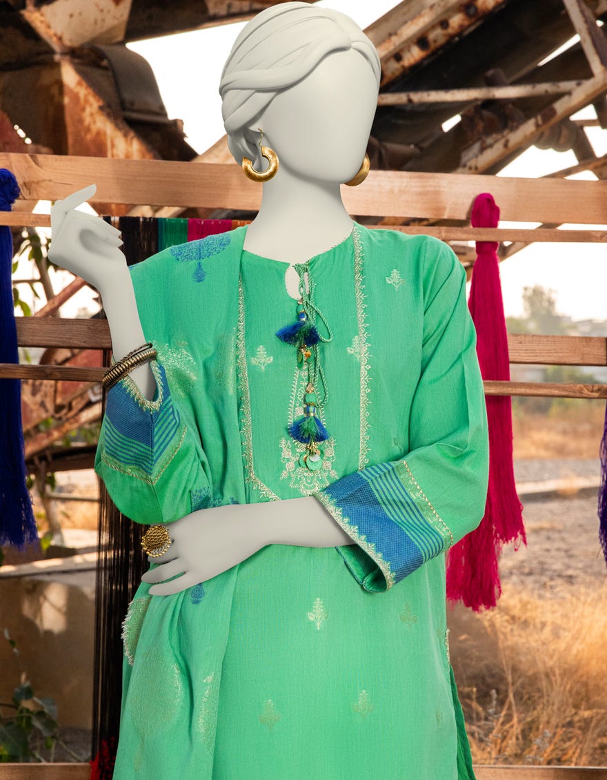GREEN EMBROIDERED JACQUARD UNSTITCHED 3PC