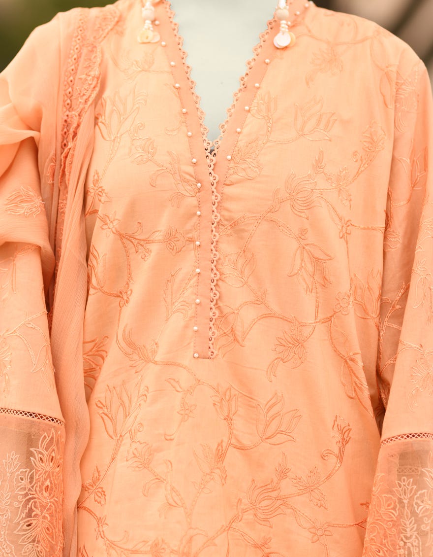 ORANGE LAWN SCHIFFLI UNSTITCHED 3PC | JLAWN-S-25-3150