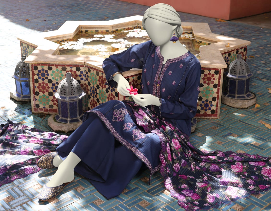 BLUE DOBBY EMBROIDERED UNSTITCHED 3PC | JLAWN-S-25-3164